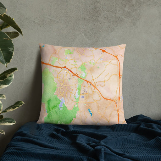 Custom Aliso Viejo California Map Throw Pillow in Watercolor on Bedding Against Wall