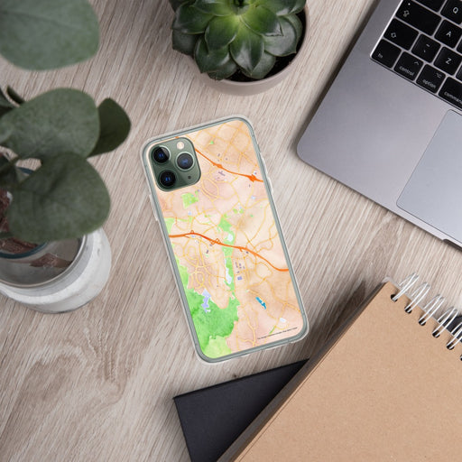 Custom Aliso Viejo California Map Phone Case in Watercolor on Table with Laptop and Plant
