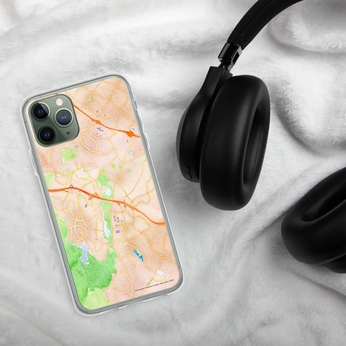 Custom Aliso Viejo California Map Phone Case in Watercolor on Table with Black Headphones