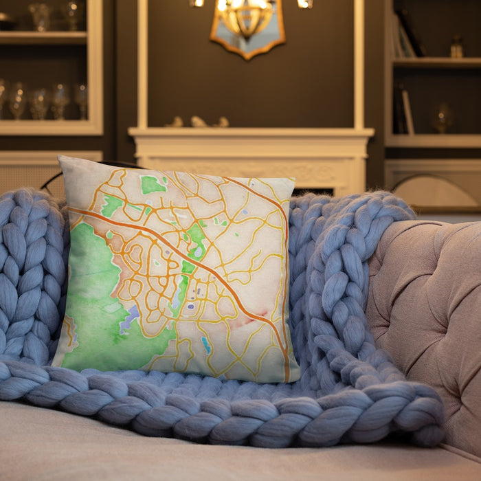 Custom Aliso Viejo California Map Throw Pillow in Watercolor on Cream Colored Couch