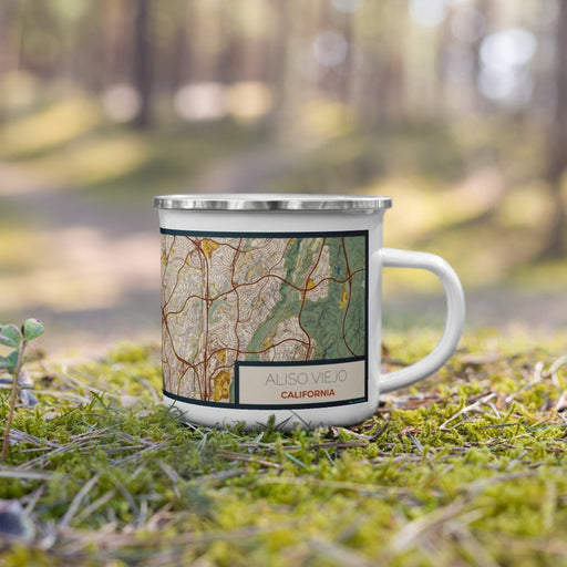 Right View Custom Aliso Viejo California Map Enamel Mug in Woodblock on Grass With Trees in Background