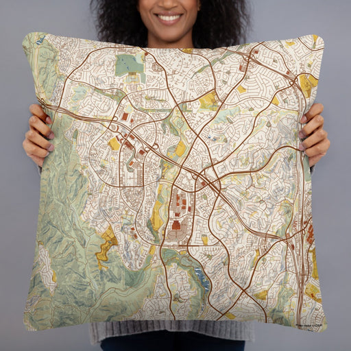 Person holding 22x22 Custom Aliso Viejo California Map Throw Pillow in Woodblock