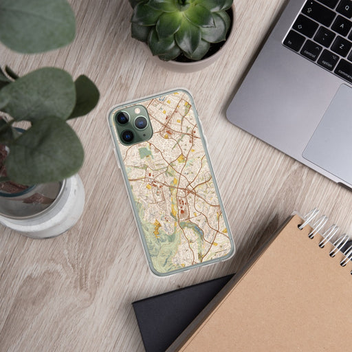 Custom Aliso Viejo California Map Phone Case in Woodblock on Table with Laptop and Plant