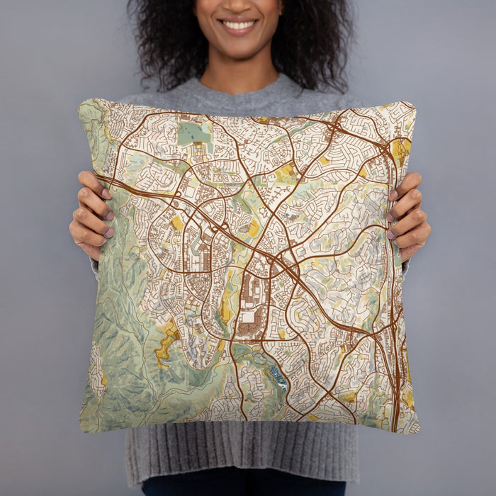 Person holding 18x18 Custom Aliso Viejo California Map Throw Pillow in Woodblock