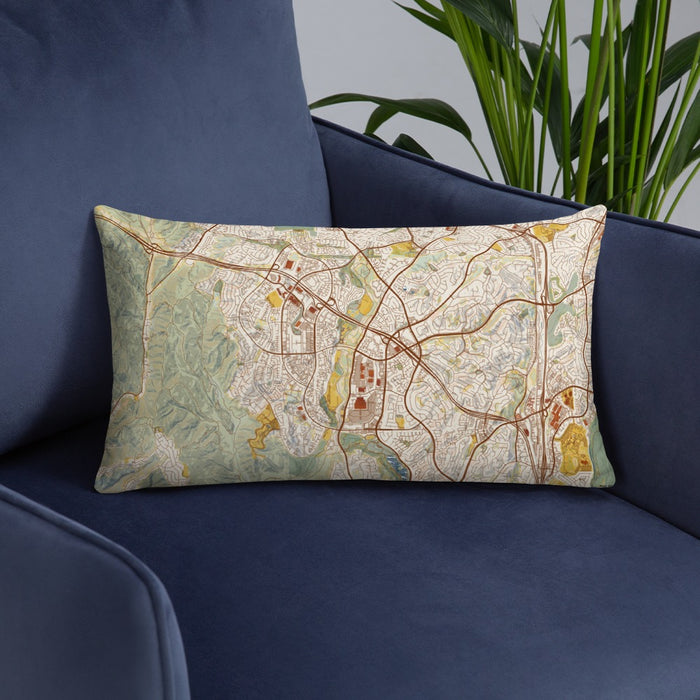 Custom Aliso Viejo California Map Throw Pillow in Woodblock on Blue Colored Chair