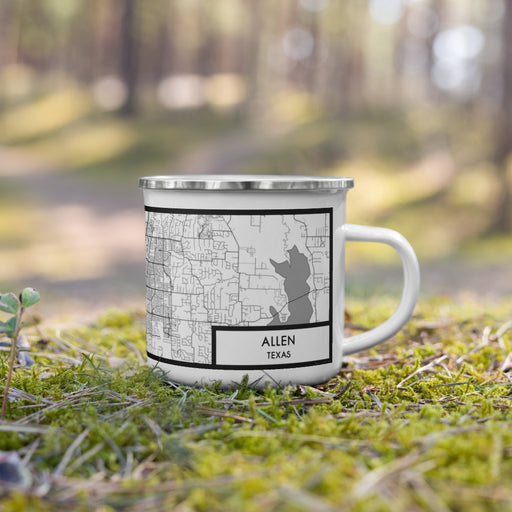Right View Custom Allen Texas Map Enamel Mug in Classic on Grass With Trees in Background