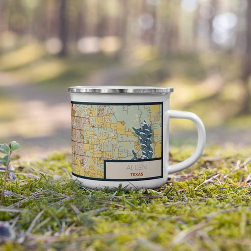 Right View Custom Allen Texas Map Enamel Mug in Woodblock on Grass With Trees in Background