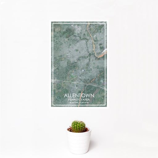 12x18 Allentown Pennsylvania Map Print Portrait Orientation in Afternoon Style With Small Cactus Plant in White Planter