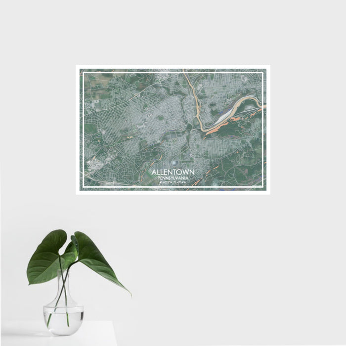16x24 Allentown Pennsylvania Map Print Landscape Orientation in Afternoon Style With Tropical Plant Leaves in Water