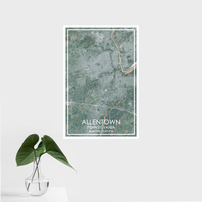 16x24 Allentown Pennsylvania Map Print Portrait Orientation in Afternoon Style With Tropical Plant Leaves in Water