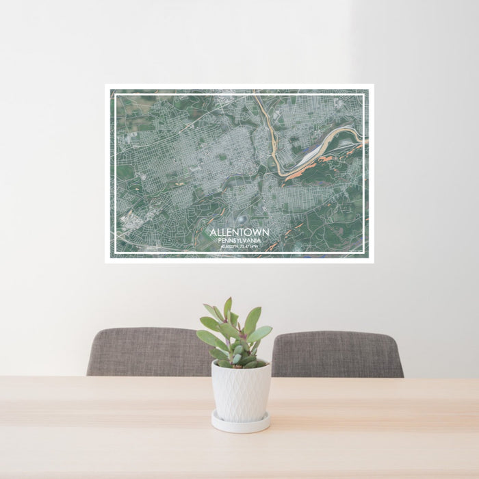 24x36 Allentown Pennsylvania Map Print Lanscape Orientation in Afternoon Style Behind 2 Chairs Table and Potted Plant