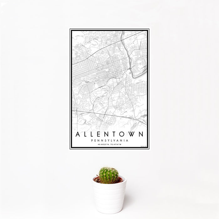 12x18 Allentown Pennsylvania Map Print Portrait Orientation in Classic Style With Small Cactus Plant in White Planter