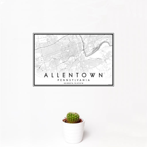 12x18 Allentown Pennsylvania Map Print Landscape Orientation in Classic Style With Small Cactus Plant in White Planter