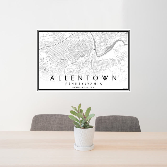 24x36 Allentown Pennsylvania Map Print Landscape Orientation in Classic Style Behind 2 Chairs Table and Potted Plant