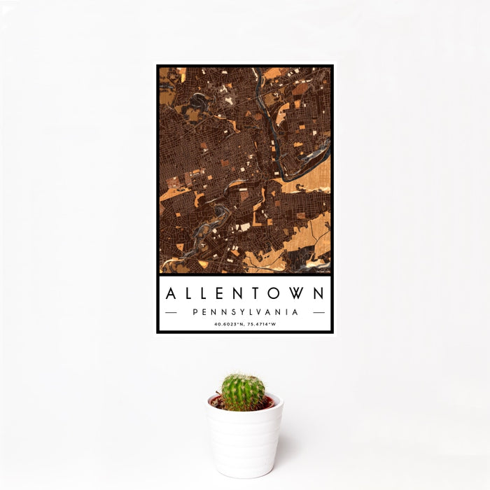 12x18 Allentown Pennsylvania Map Print Portrait Orientation in Ember Style With Small Cactus Plant in White Planter
