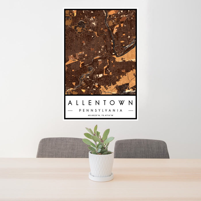 24x36 Allentown Pennsylvania Map Print Portrait Orientation in Ember Style Behind 2 Chairs Table and Potted Plant