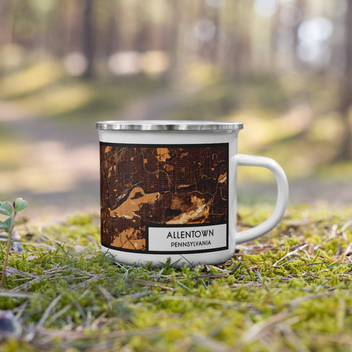Right View Custom Allentown Pennsylvania Map Enamel Mug in Ember on Grass With Trees in Background