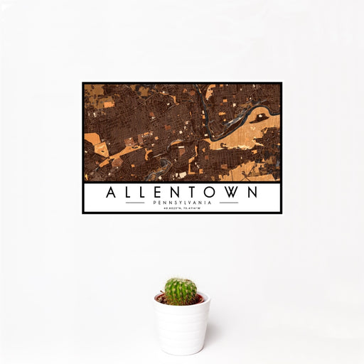 12x18 Allentown Pennsylvania Map Print Landscape Orientation in Ember Style With Small Cactus Plant in White Planter