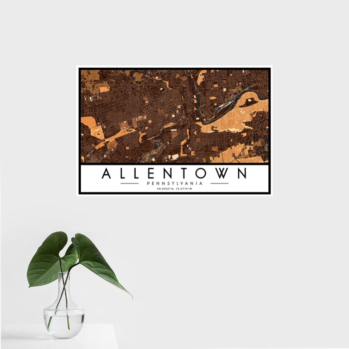 16x24 Allentown Pennsylvania Map Print Landscape Orientation in Ember Style With Tropical Plant Leaves in Water