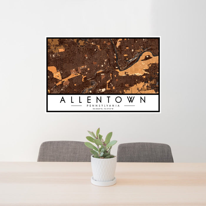 24x36 Allentown Pennsylvania Map Print Landscape Orientation in Ember Style Behind 2 Chairs Table and Potted Plant