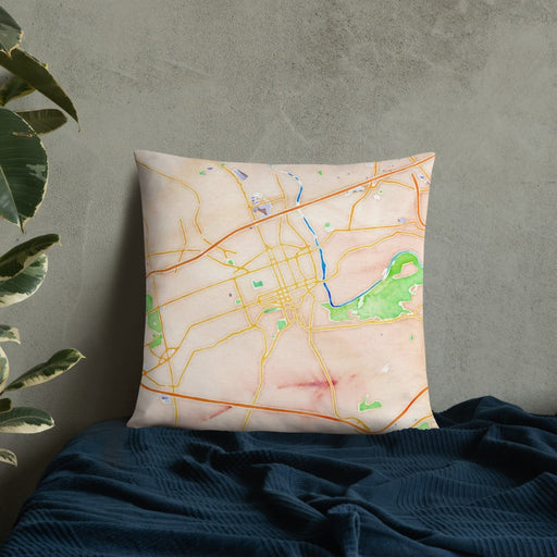 Custom Allentown Pennsylvania Map Throw Pillow in Watercolor on Bedding Against Wall