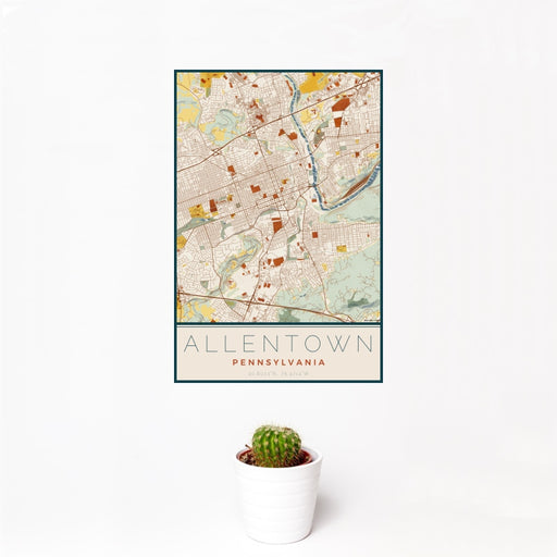 12x18 Allentown Pennsylvania Map Print Portrait Orientation in Woodblock Style With Small Cactus Plant in White Planter