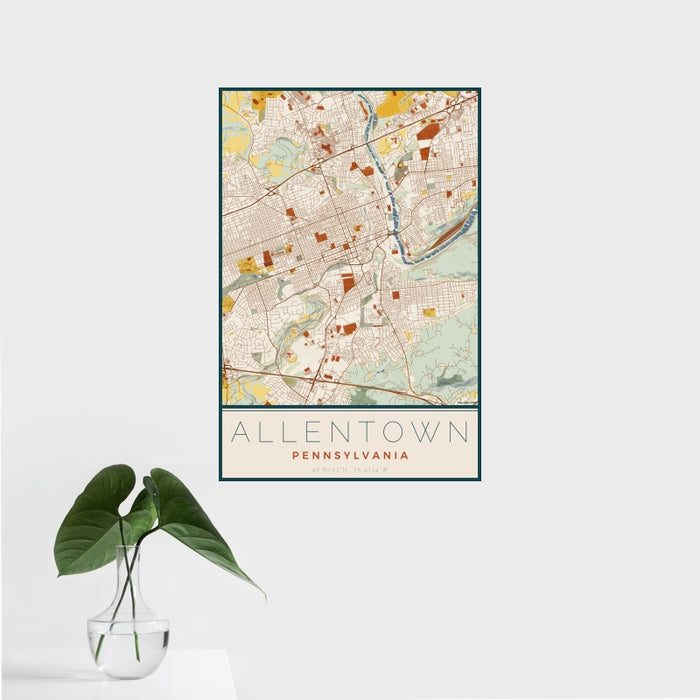 16x24 Allentown Pennsylvania Map Print Portrait Orientation in Woodblock Style With Tropical Plant Leaves in Water