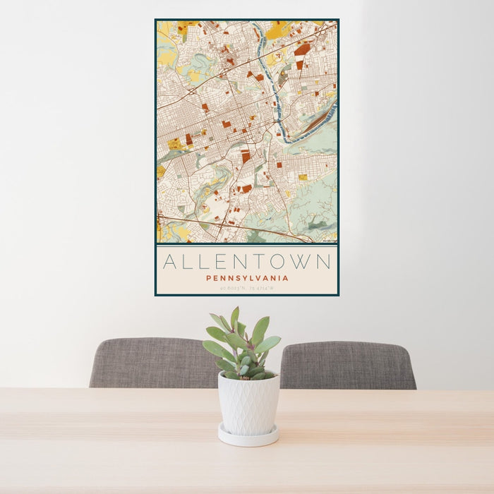 24x36 Allentown Pennsylvania Map Print Portrait Orientation in Woodblock Style Behind 2 Chairs Table and Potted Plant