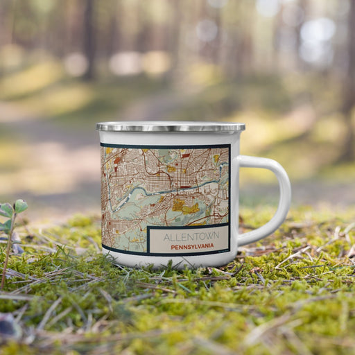 Right View Custom Allentown Pennsylvania Map Enamel Mug in Woodblock on Grass With Trees in Background