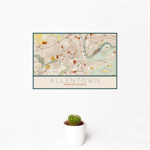 12x18 Allentown Pennsylvania Map Print Landscape Orientation in Woodblock Style With Small Cactus Plant in White Planter