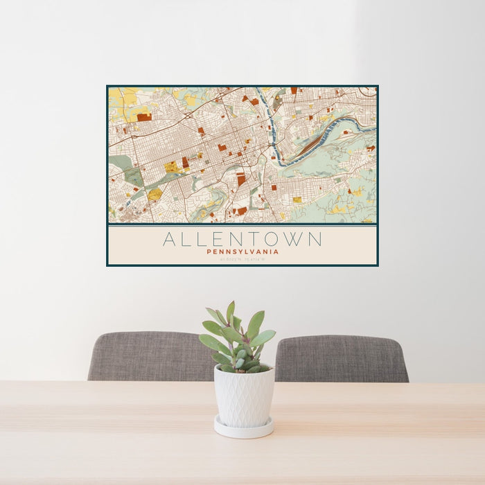 24x36 Allentown Pennsylvania Map Print Landscape Orientation in Woodblock Style Behind 2 Chairs Table and Potted Plant