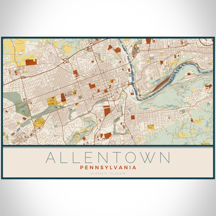 Allentown Pennsylvania Map Print Landscape Orientation in Woodblock Style With Shaded Background