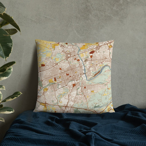 Custom Allentown Pennsylvania Map Throw Pillow in Woodblock on Bedding Against Wall