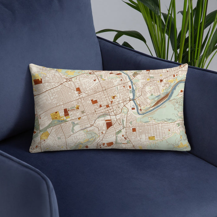 Custom Allentown Pennsylvania Map Throw Pillow in Woodblock on Blue Colored Chair