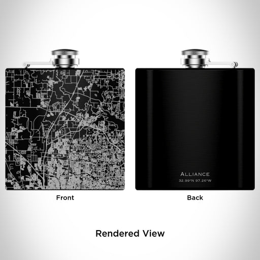 Rendered View of Alliance Texas Map Engraving on 6oz Stainless Steel Flask in Black