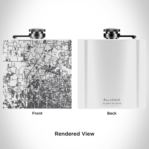 Rendered View of Alliance Texas Map Engraving on 6oz Stainless Steel Flask in White