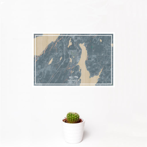 12x18 Allyn Washington Map Print Landscape Orientation in Afternoon Style With Small Cactus Plant in White Planter