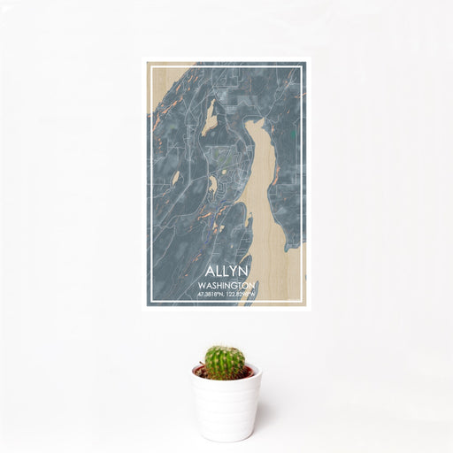 12x18 Allyn Washington Map Print Portrait Orientation in Afternoon Style With Small Cactus Plant in White Planter