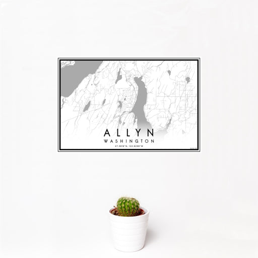 12x18 Allyn Washington Map Print Landscape Orientation in Classic Style With Small Cactus Plant in White Planter
