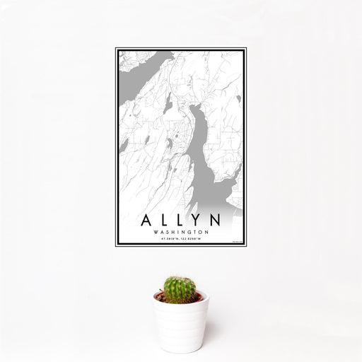 12x18 Allyn Washington Map Print Portrait Orientation in Classic Style With Small Cactus Plant in White Planter