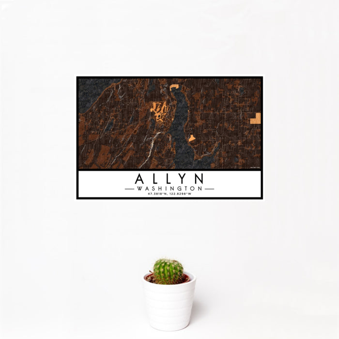 12x18 Allyn Washington Map Print Landscape Orientation in Ember Style With Small Cactus Plant in White Planter