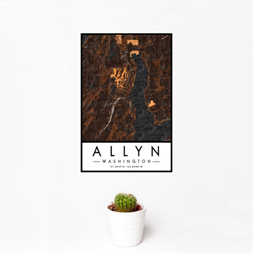 12x18 Allyn Washington Map Print Portrait Orientation in Ember Style With Small Cactus Plant in White Planter