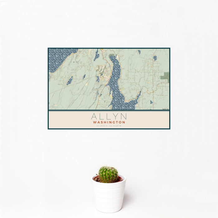 12x18 Allyn Washington Map Print Landscape Orientation in Woodblock Style With Small Cactus Plant in White Planter