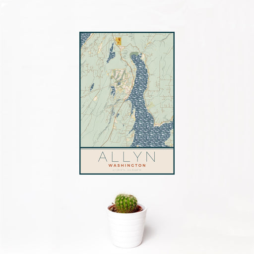 12x18 Allyn Washington Map Print Portrait Orientation in Woodblock Style With Small Cactus Plant in White Planter