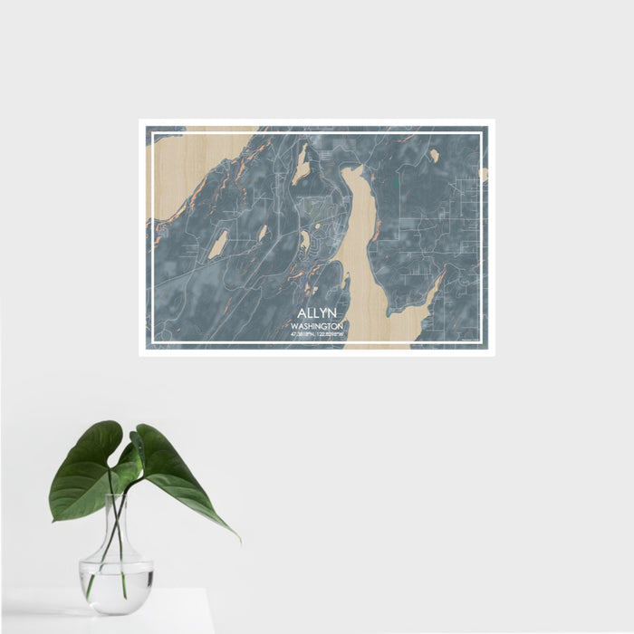 16x24 Allyn Washington Map Print Landscape Orientation in Afternoon Style With Tropical Plant Leaves in Water