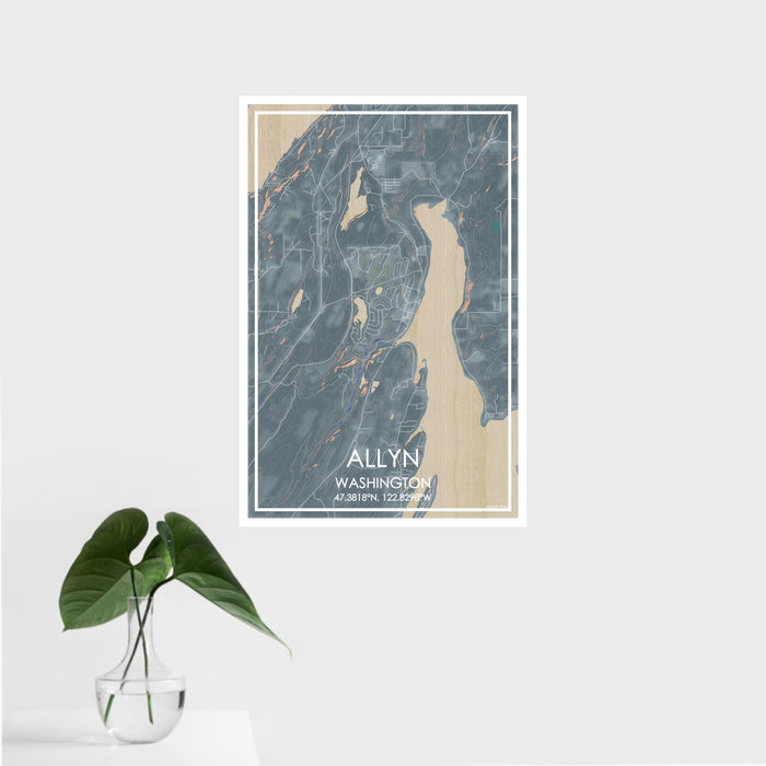 16x24 Allyn Washington Map Print Portrait Orientation in Afternoon Style With Tropical Plant Leaves in Water