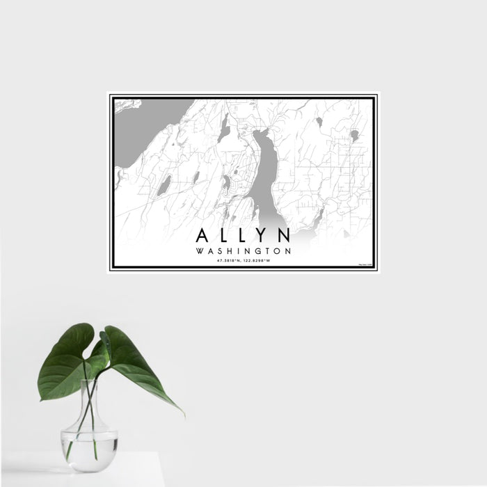 16x24 Allyn Washington Map Print Landscape Orientation in Classic Style With Tropical Plant Leaves in Water