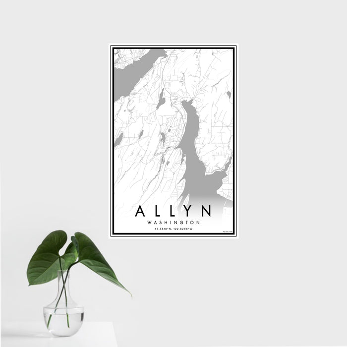 16x24 Allyn Washington Map Print Portrait Orientation in Classic Style With Tropical Plant Leaves in Water