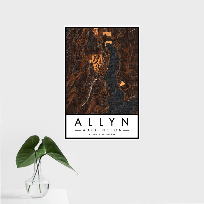 16x24 Allyn Washington Map Print Portrait Orientation in Ember Style With Tropical Plant Leaves in Water