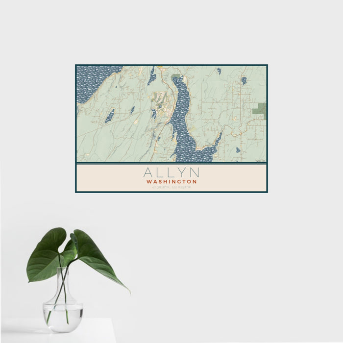 16x24 Allyn Washington Map Print Landscape Orientation in Woodblock Style With Tropical Plant Leaves in Water